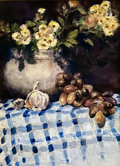 Flowers &amp; Grapes, oil on panel 17x21