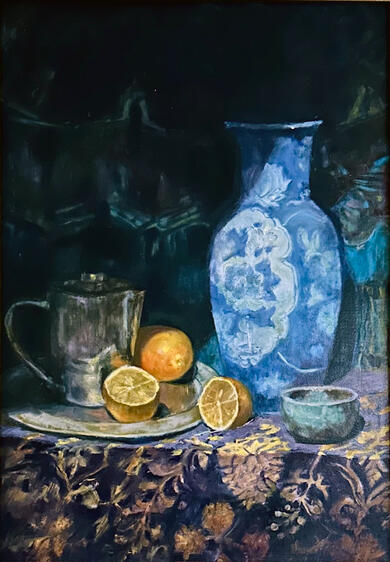 Chinese Vase &amp; Lemons, oil on panel, 19x25