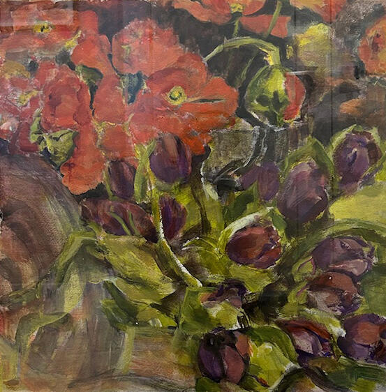 Poppies &amp; Tulips, acrylic on paper 23.5x24
