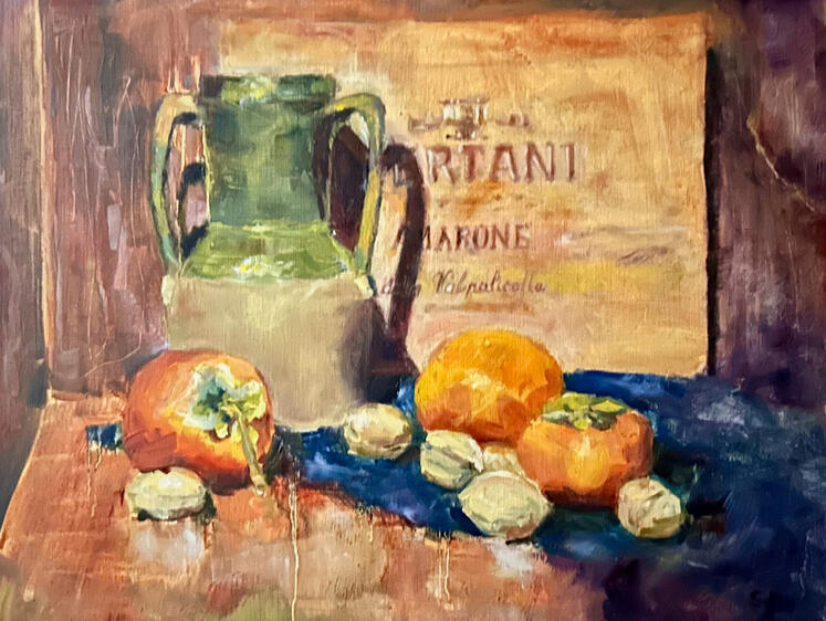 Persimmons &amp; Walnuts, oil on panel, 21x16.505