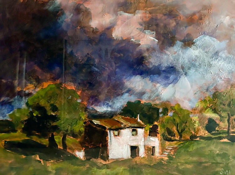 Angela’s cottage at Castel del Piano, acrylic on panel, 19x15