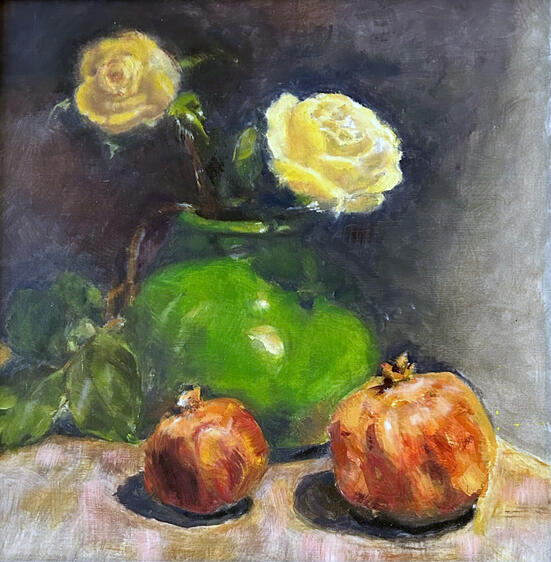 Pomegranates &amp; Roses, oil on paper, 13x13