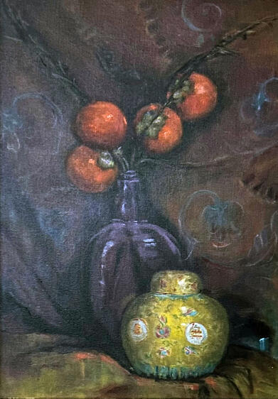 Persimmons &amp; Chinese jar, oil on canvas, 18.5x23.5