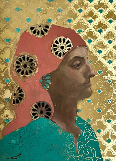 Sahar at Maison 28 Marrakech, gouache, oil, &amp; 24k gold leaf on panel 11.5x14.5