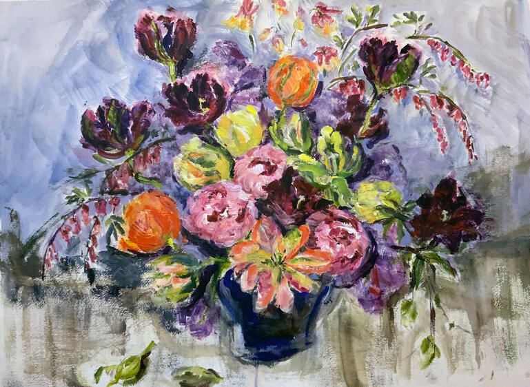 Tulips and Bleeding Heart, oil on watercolour paper, 22x30