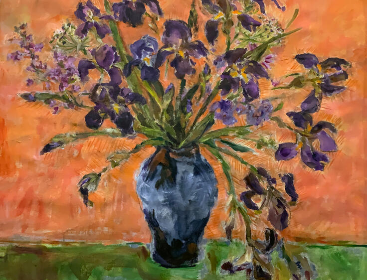 Iris in a Blue Vase with permission Susan Maki, acrylic on watercolour paper, 22.28.5