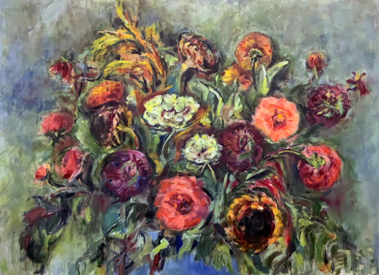 Queen Anne&#39;s Lace Sunflowers and Zinnias, oil on watercolour paper, 23x30