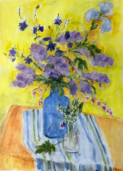 Lilacs and Iris, acrylic on watercolour paper, 22.5x30