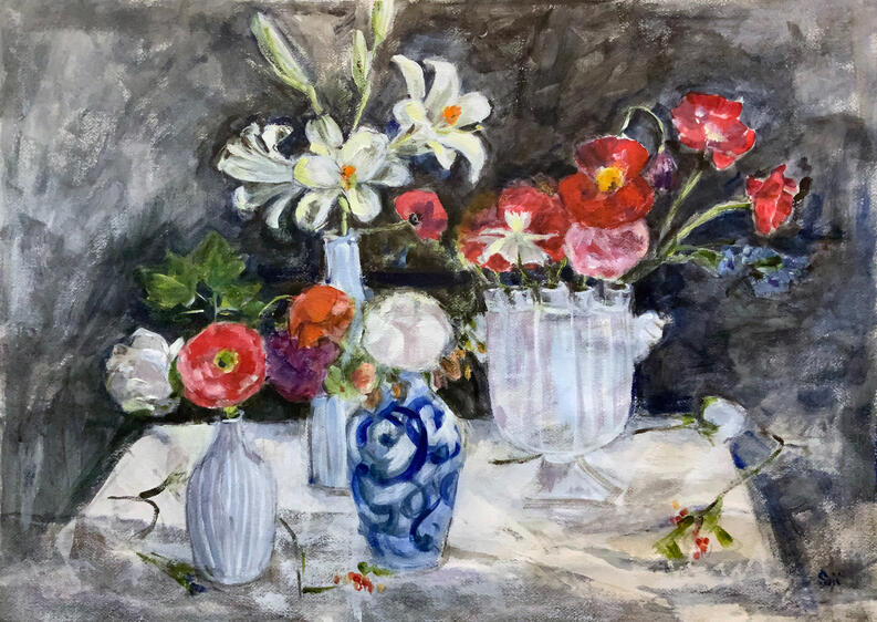 White Pottery Easter Lillies, acrylic on watercolour paper, 22.5x30