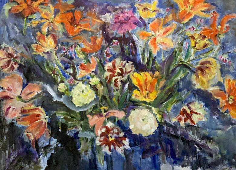 Tulips in a Blue Bucket, oil on watercolour paper, 22.5x30