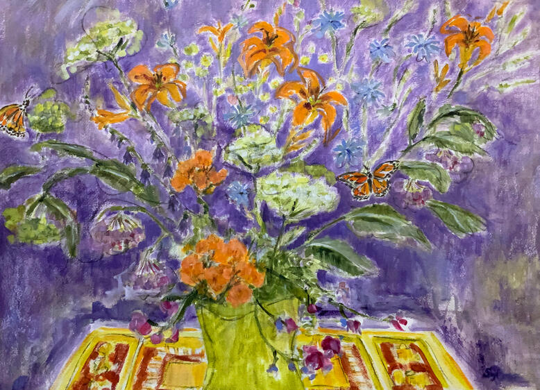 Tiger Lillies and Butterflies, acrylic on watercolour paper, 22.5x30