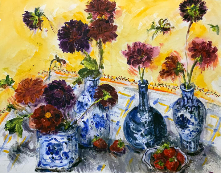 Zinnias and Strawberries, oil on paper, 22x18