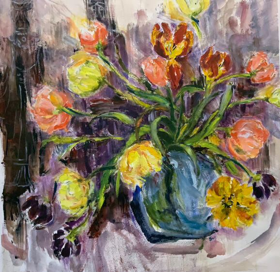 Last of the Dahlias, oil on paper, 22x18