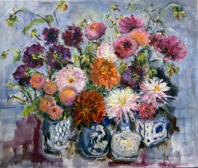 Flowers in a Green Vase, acrylic on paper, 18x18